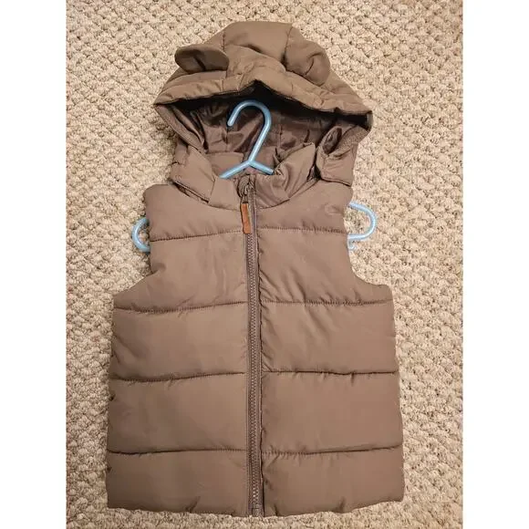 H&M Hooded Puffer Vest 18M Taupe Quilted Zip-Up Neutral Toddler - Picture 3 of 5